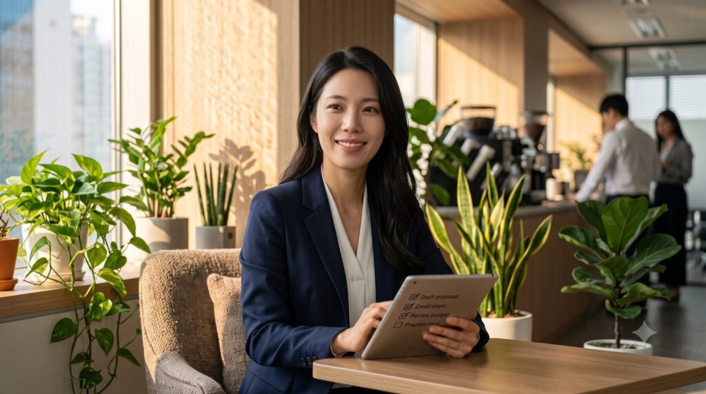 노트에 예산 계획을 손으로 적어가며 웃는 모습