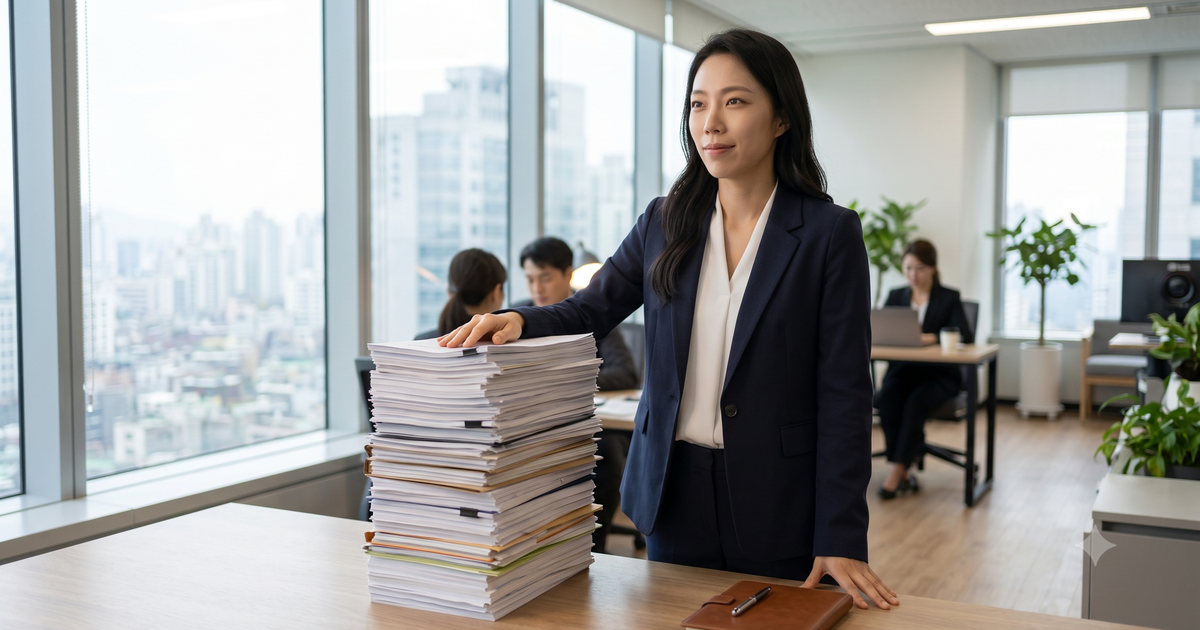 두꺼운 계약서 뭉치를 노트북 옆에 두고 검토하는 컨설턴트의 모습