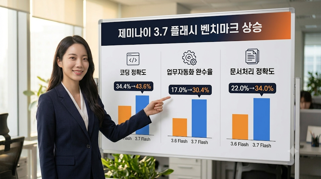 제미나이 3.7 Flash는 코딩과 기업 업무자동화 영역에서 전작 대비 최대 1.8배 가까이 점수가 올랐습니다