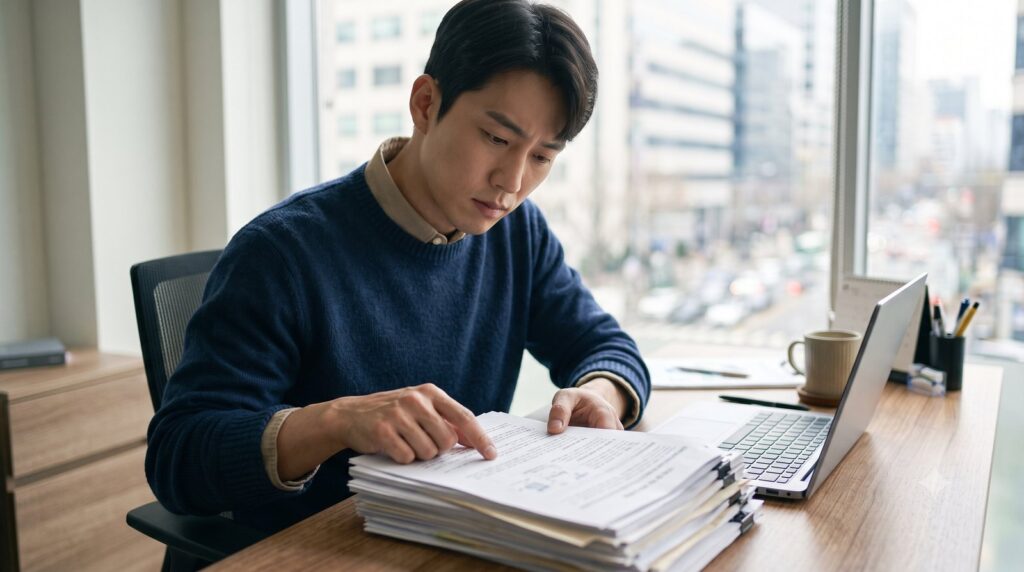 계약서 서류 뭉치와 노트북을 함께 검토하는 사무직원의 모습