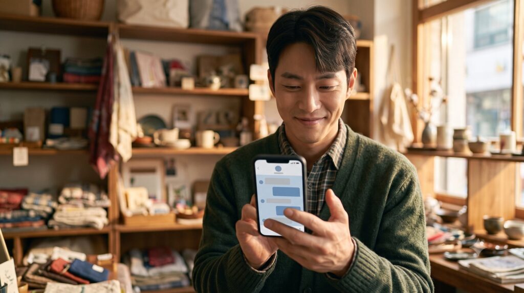 스마트폰으로 AI 챗봇 앱을 처음 열어보는 소상공인의 모습