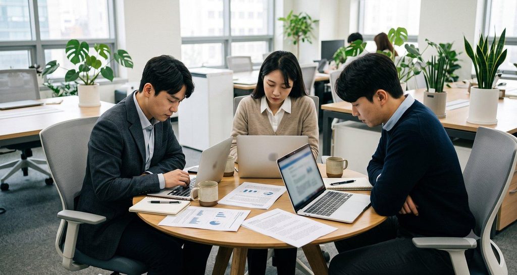 회의 테이블에 놓인 노트북과 문서를 함께 검토하는 한국 중소기업 실무자들